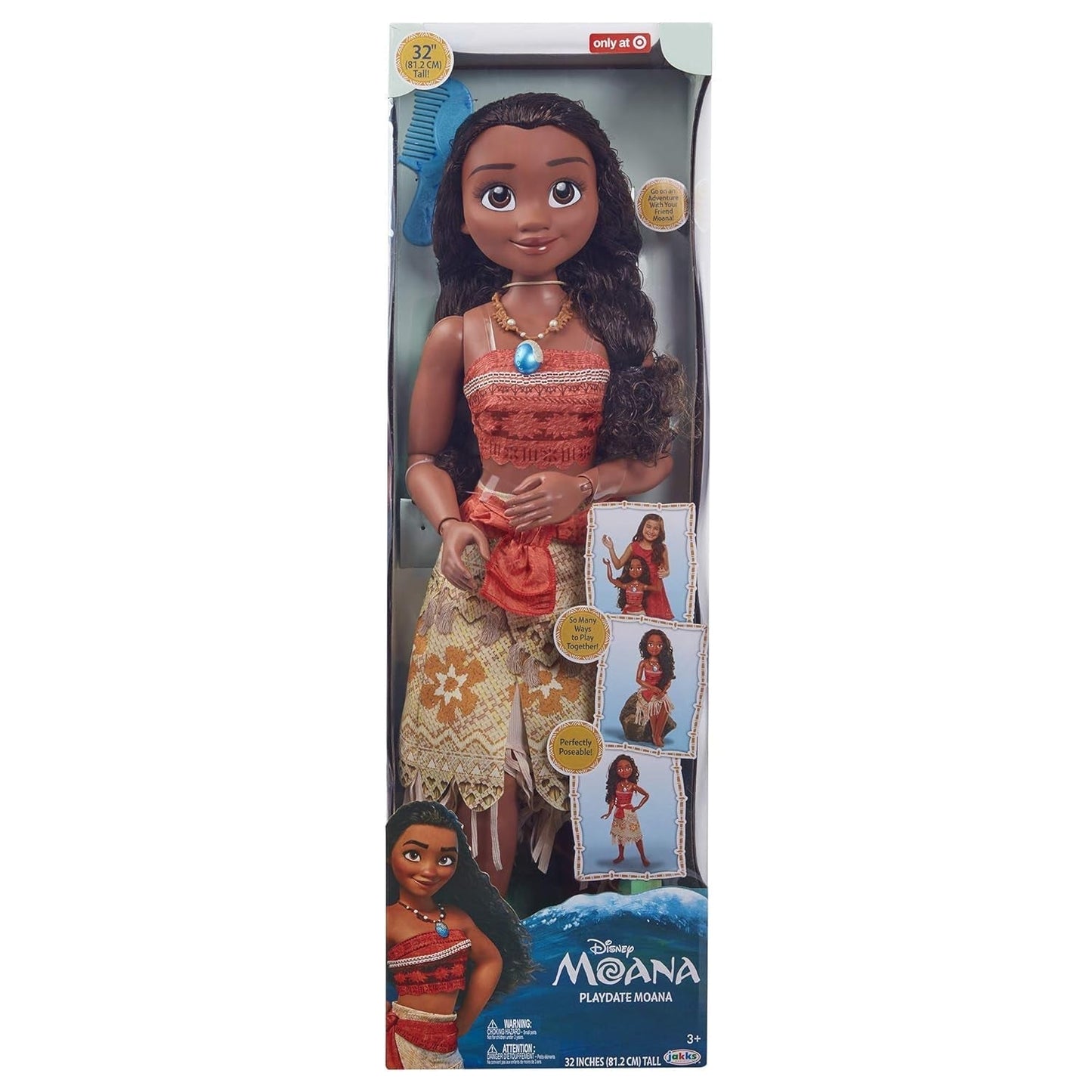 Disney Princess Moana 80 cm Lalka do zabawy marki Jakks Pacific Ruchoma lalka ze szczotką do czesania falowanych loków Sukienka inspirowana filmem Odpinany naszyjnik z wisiorkiem Lalki Naty Shop