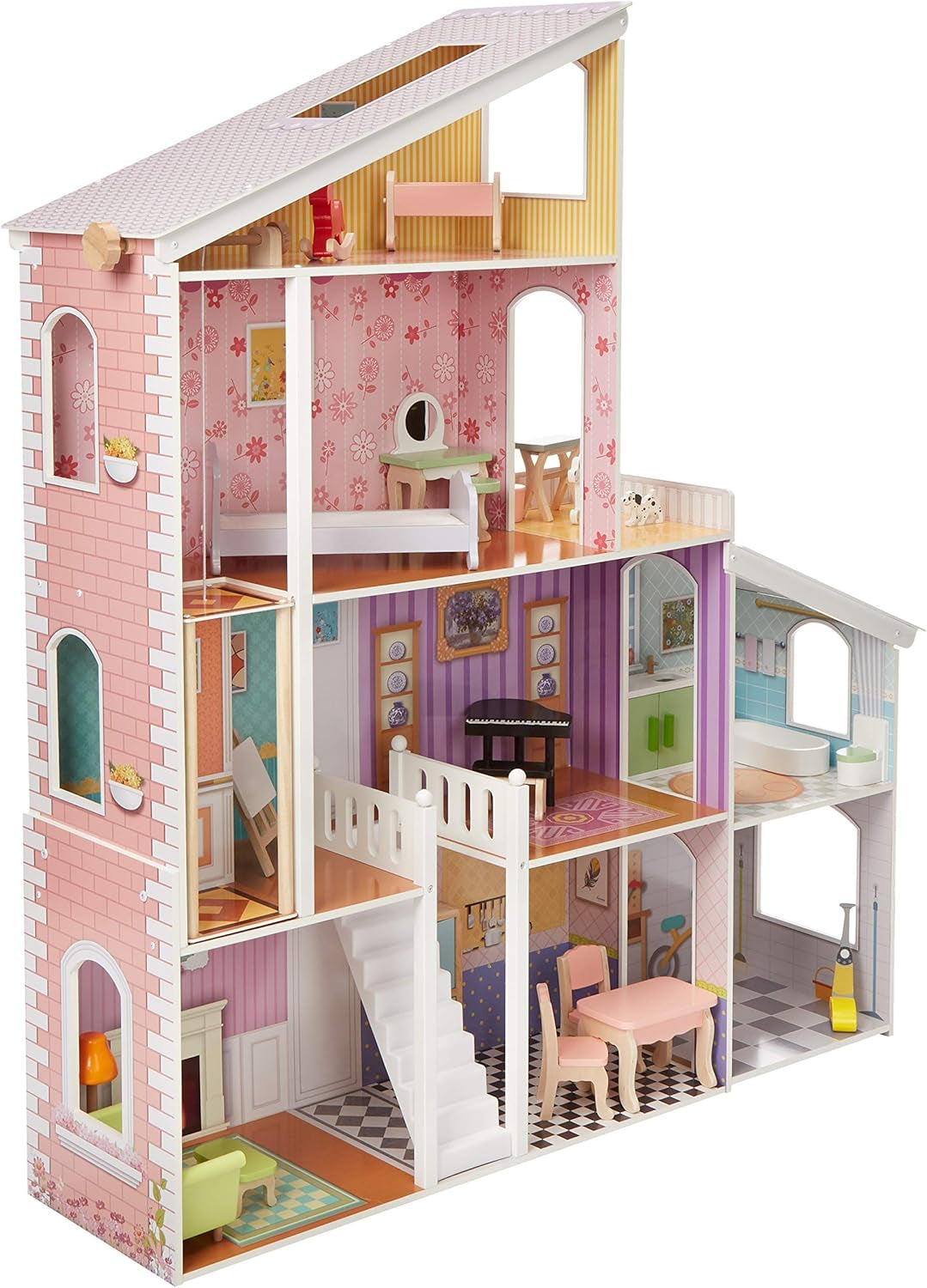 Amazon Basics 4-poziomowy drewniany domek dla lalek i akcesoria meblowe dla lalek 12" Naty Shop Domki dla lalek
