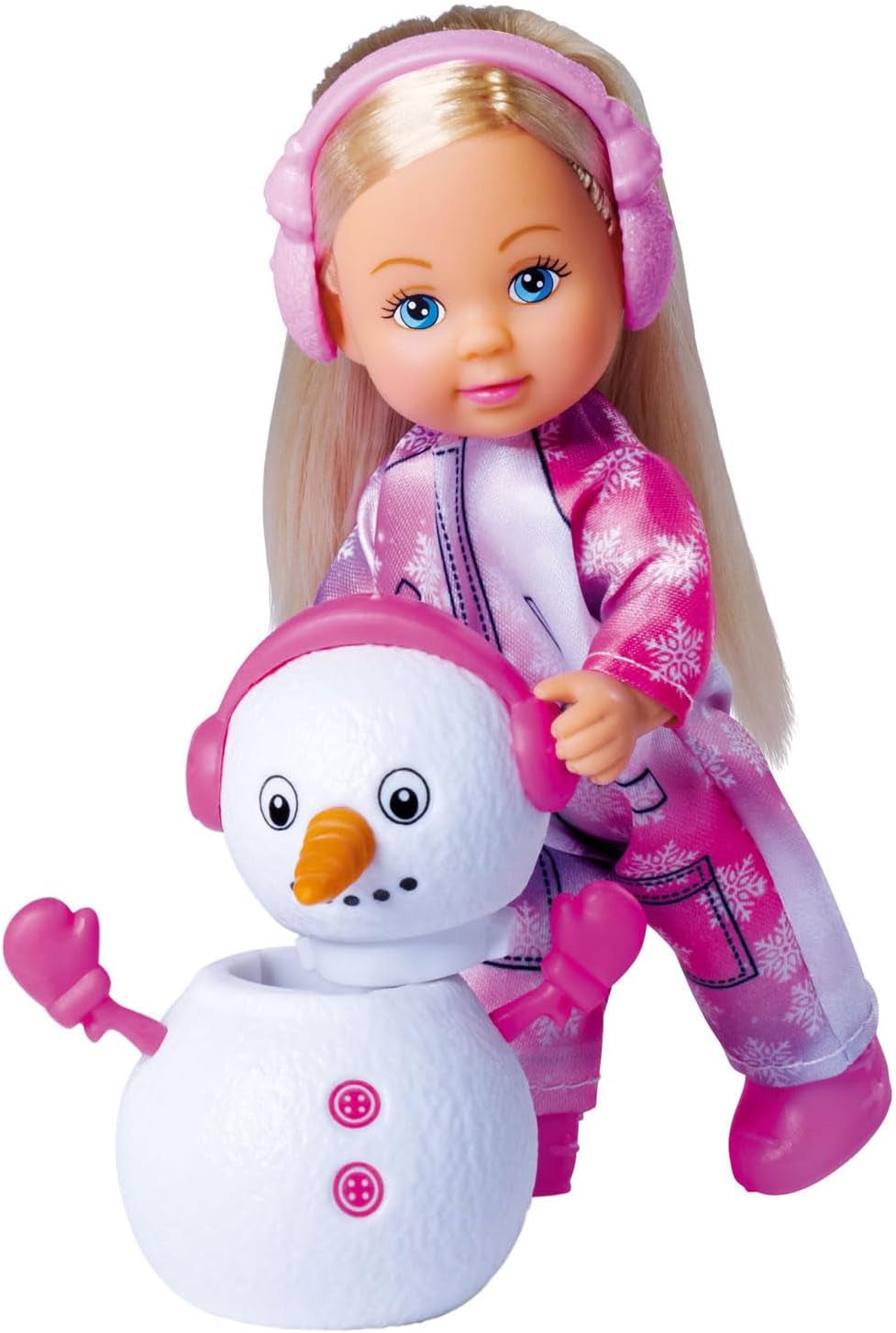 Simba 105733646 - Evi Love Snow, lalka w uroczym śnieżnym kostiumie z bałwanem do zbudowania, 12 cm, wiek 3+