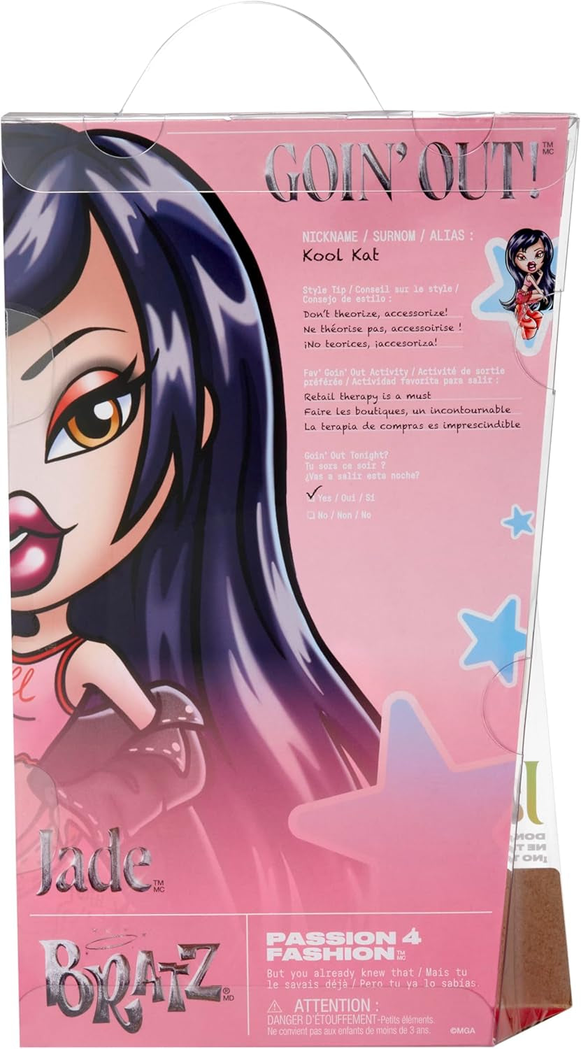 Bratz wychodzi! - Jade - 1 lalka kolekcjonerska z akcesoriami, strojem, torbą, okularami przeciwsłonecznymi i pędzelkiem - Zabawka dla dzieci - wiek powyżej 6 lat, kolor czerwony