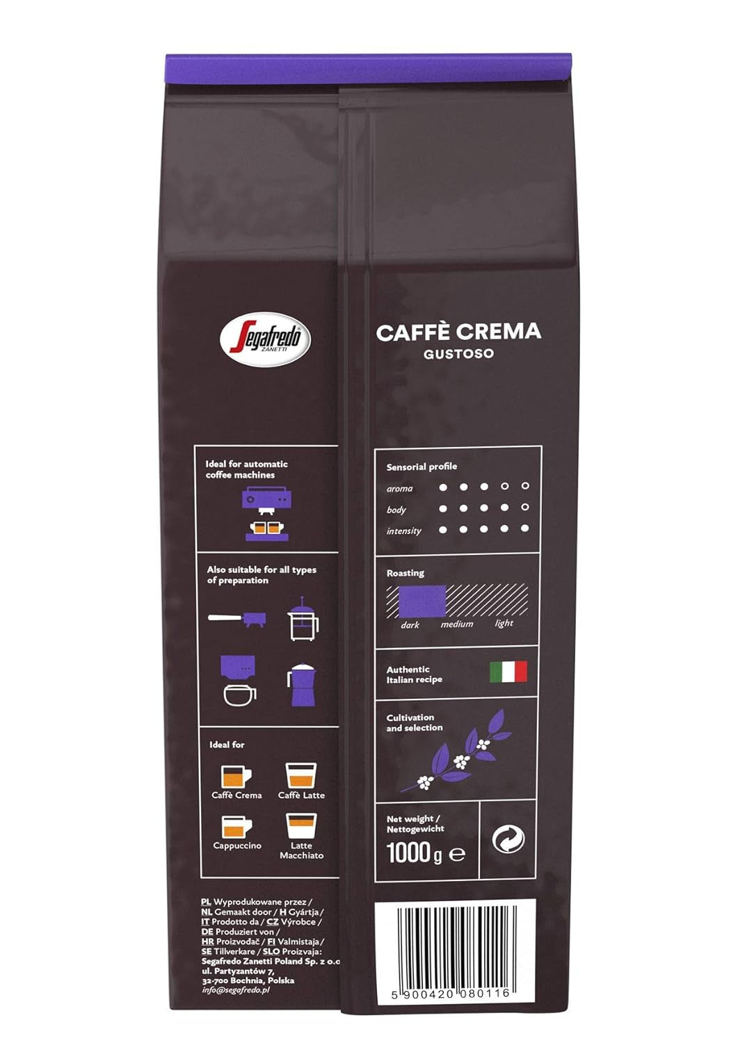 Segafredo Zanetti Caffè Crema Gustoso – Całe ziarna (opakowanie 1 kg) – Nadaje się do Caffè Crema – Kawa ziarnista długo i ciemno palona, ​​pełny i intensywny smak (2 sztuki w opakowaniu)