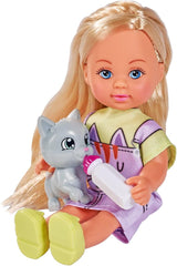 Simba 105733591 - Evi Love Kitty 2 sposoby dopasowania tylko 1 przedmiot zostanie wysłany Lalka w uroczej sukience dla kota z kociętami i butelką do picia 12 cm Lalka do zabawy Wiek 3+