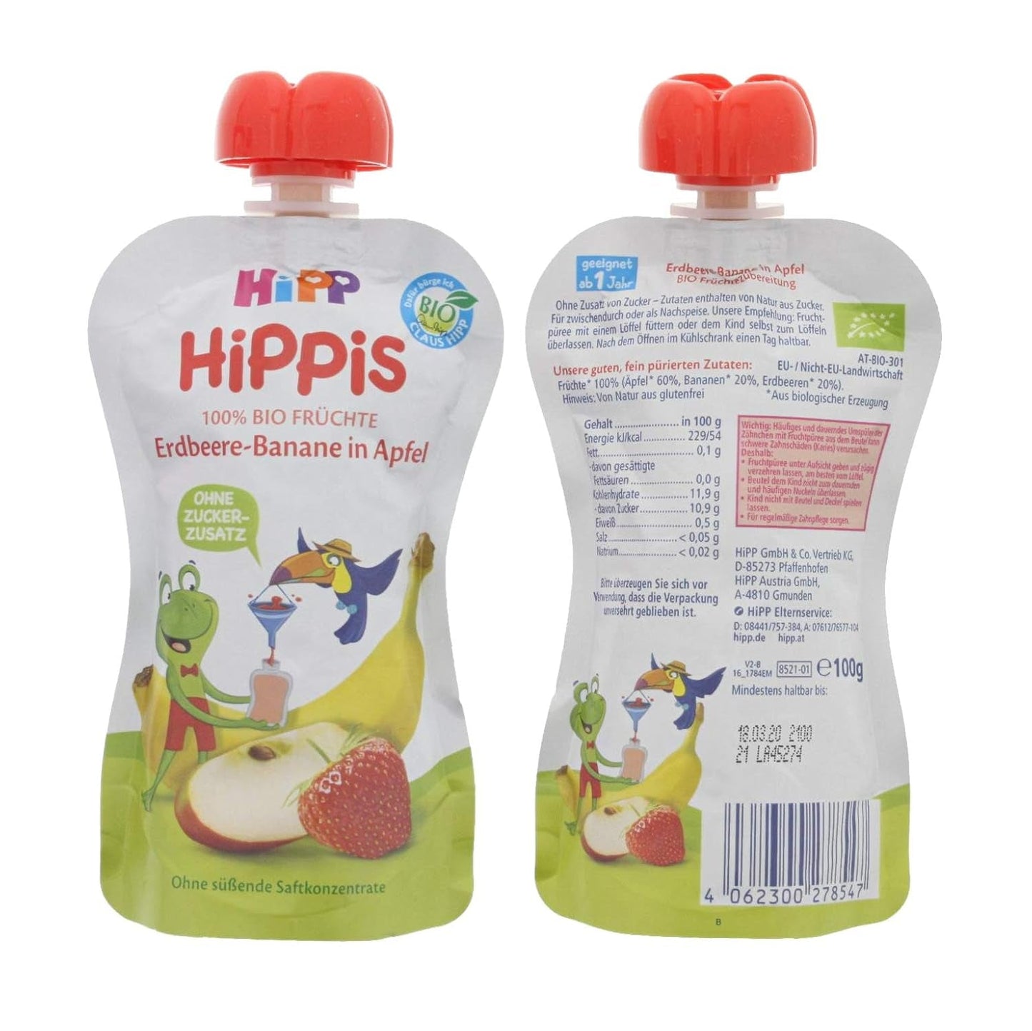 HiPP Organic dla Dzieci HiPPiS Truskawka Banan w Jabłku - Theo Toucan, 100g