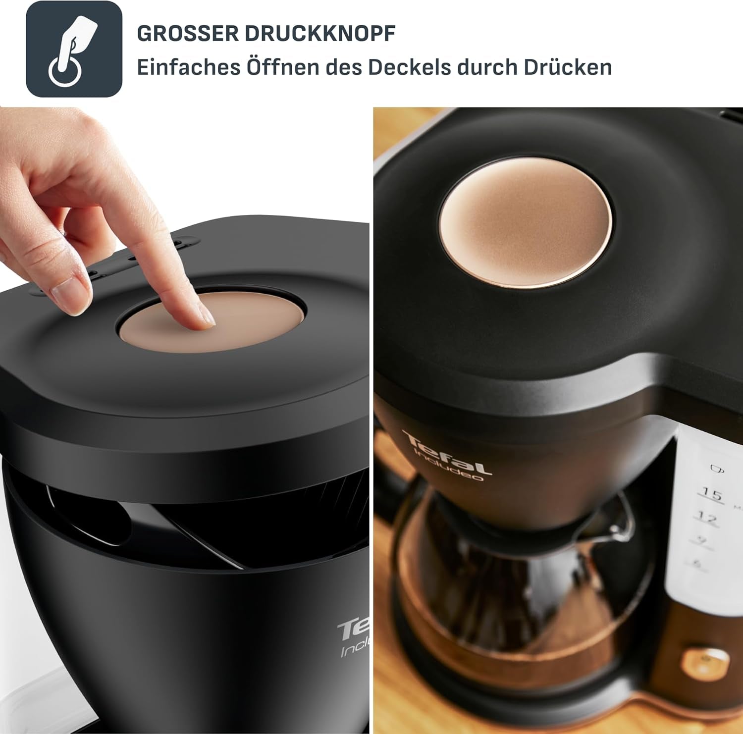 Ekspres do kawy Tefal Includeo z filtrem, Ekspres do kawy Niezwykle łatwy w obsłudze, Odpowiedni dla osób prawo- i leworęcznych, Automatyczne otwieranie pokrywy, 1,25 l, 10 do 15 filiżanek, CM533811