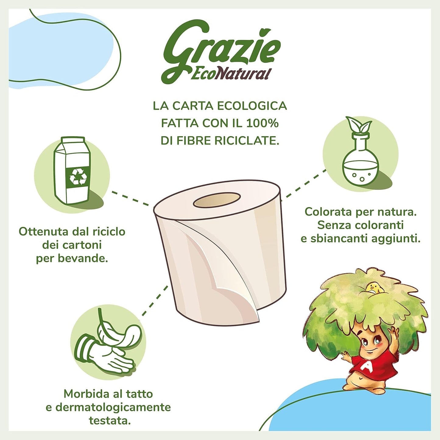 Grazie Naturalny papier toaletowy, Econatural, 56 rolek, Fibrepack Papier toaletowy z recyklingu, 100% ekologiczny, ekologiczny, z certyfikatem Ecolabel i FSC z recyklingu, wyprodukowany we Włoszech