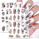 JMEOWIO Nagelsticker Różowe złoto Schwarze Blume 12 Blatt Nail Art Naklejka Selbstklebend Nagelaufkleber Frühlings Linie Abstraktes Blatt Dekoration Nageldesign Zubehör