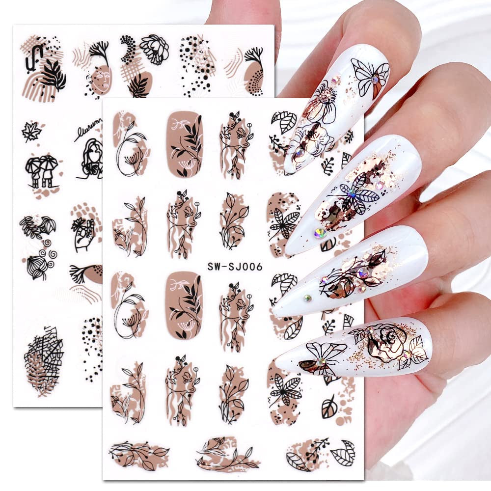 JMEOWIO Nagelsticker Różowe złoto Schwarze Blume 12 Blatt Nail Art Naklejka Selbstklebend Nagelaufkleber Frühlings Linie Abstraktes Blatt Dekoration Nageldesign Zubehör
