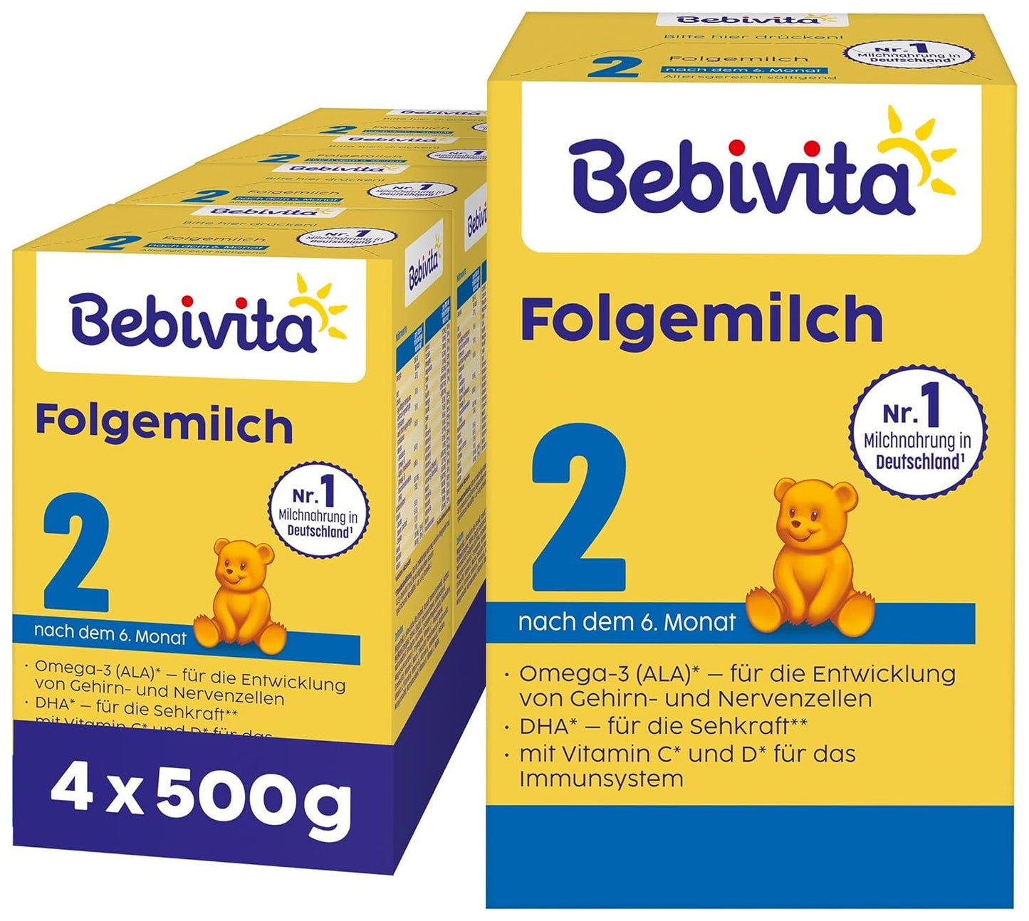 2 Folgemilch (4 x 500 g), nach dem 6. Monat, mit Witamina C i D, Omega-3 (DHA), altersgerecht sättigend