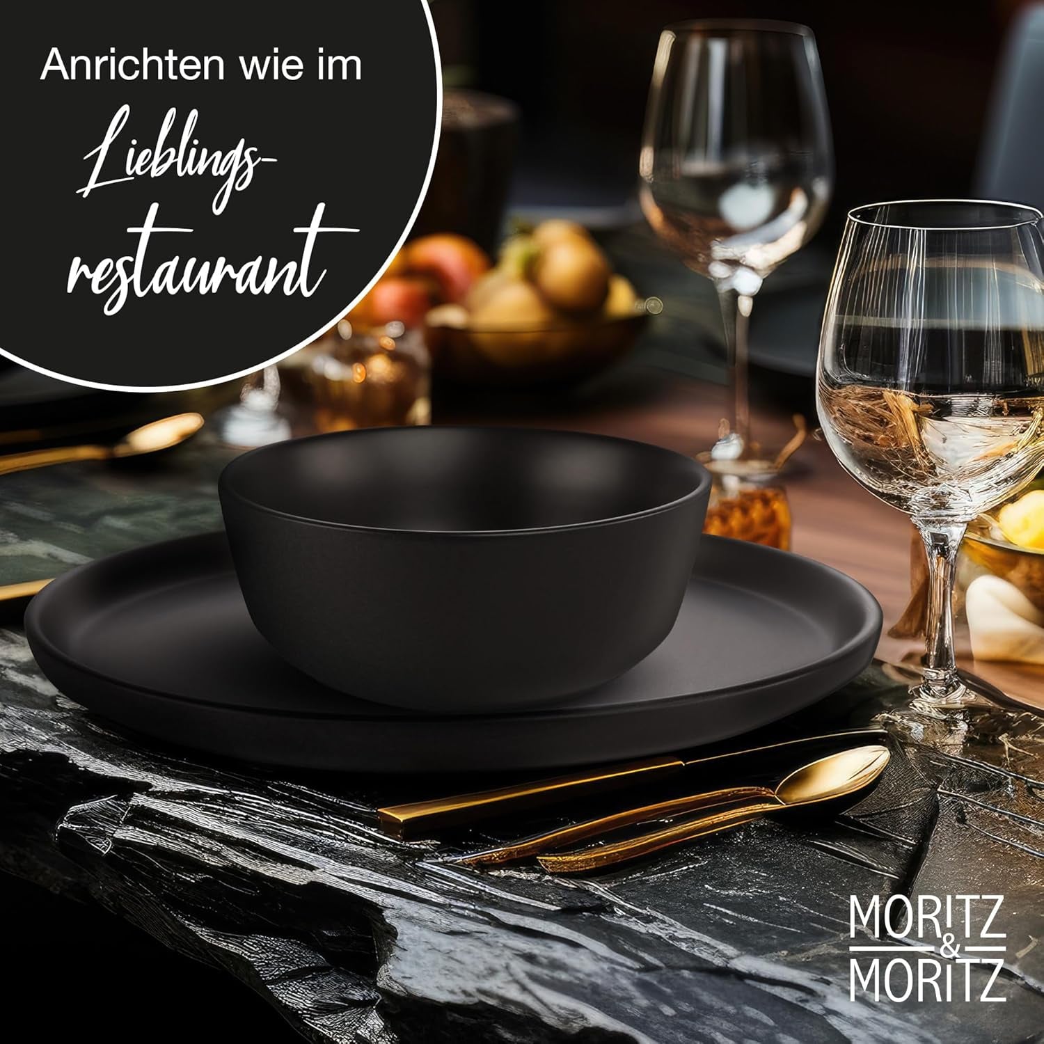 Moritz & Moritz NORDIC 6-osobowy zestaw naczyń obiadowych - 18-częściowy zestaw naczyń obiadowych z czarnej kamionki - skandynawski design - 6-osobowy solidny zestaw naczyń obiadowych do codziennego użytku i dla gości - Łączony zestaw naczyń obiadowych