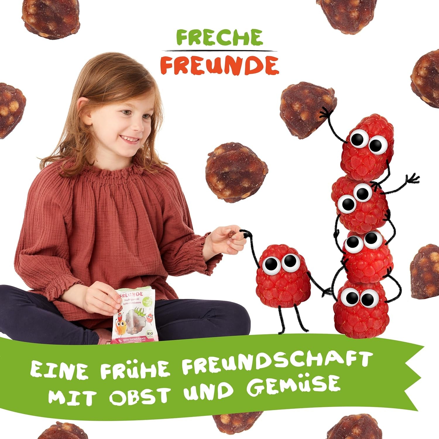 FRECHE FREUNDE Organiczne galaretki owocowe, lizaki jabłkowe, malinowe i ryżowe, słodka owocowa przekąska dla dzieci, bezglutenowe, wegańskie, opakowanie 20 szt. (20 x 30g)