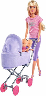Simba Steffi Love Sunshine Twins – lalka z bliźniakami i wózkiem, w tym akcesoria takie jak butelki i zabawki, wariant pasujący do 2 lalek, zestaw lalek dla dzieci w wieku 3 lat i starszych