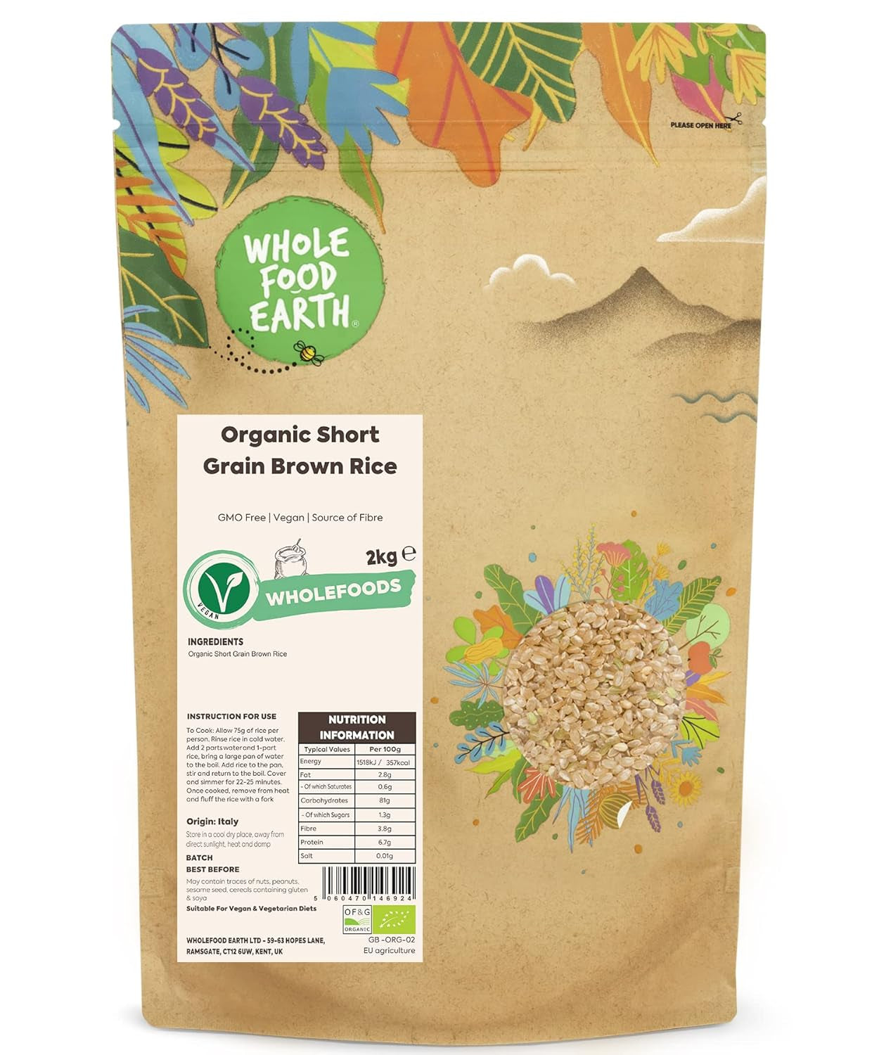 Wholefood Earth Organiczny krótkoziarnisty ryż brązowy 3 kg Wegańskie źródło błonnika bez GMO z kontrolowanych upraw ekologicznych