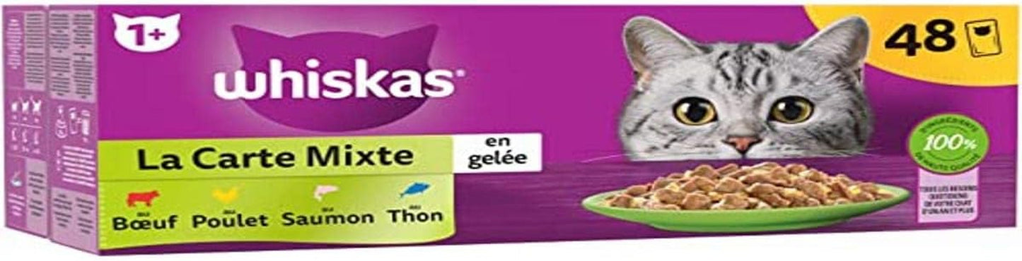 WHISKAS Meal - 48 saszetek Fresh - Karton mieszany (4 odmiany) - Mokra karma dla dorosłych kotów w galarecie - Kompletna i zbilansowana karma mokra odpowiednia dla kotów sterylizowanych