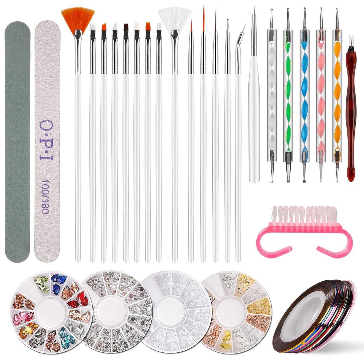 Zestaw do zdobienia paznokci i Nagelpinsel, Nageldesign Zubehör, Nagelset 5 Stk 2 Wege Punktierung Stift, 15 Malerei Polnisch Pinsel Set, 10 Streifenband, 4 Boxen Bunte Nagel Rhinestones Dekoration