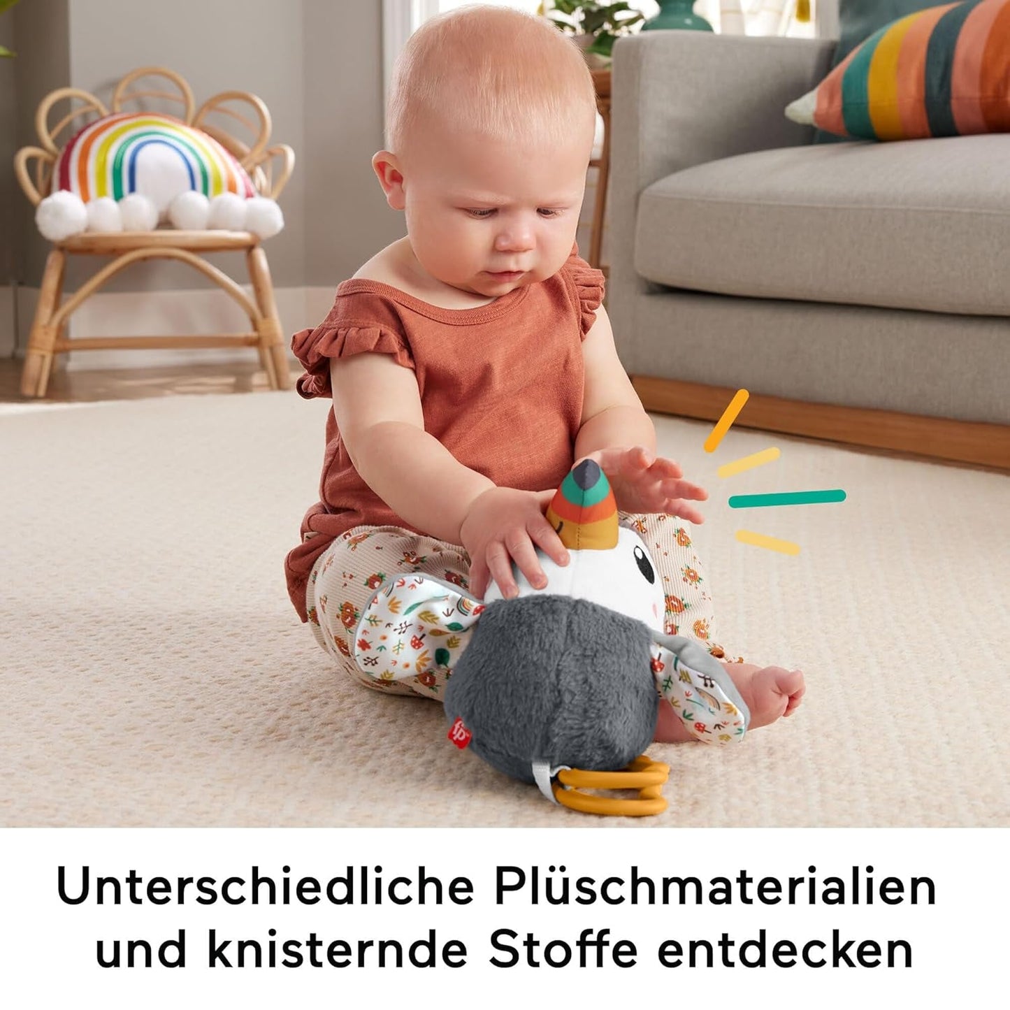 FISHER-PRICE Flap & Go Toucan - pluszowa zabawka do wózka rozwijająca zdolności motoryczne i sensoryczne u noworodków od urodzenia HNX66 Zabawki dla niemowląt Naty Shop