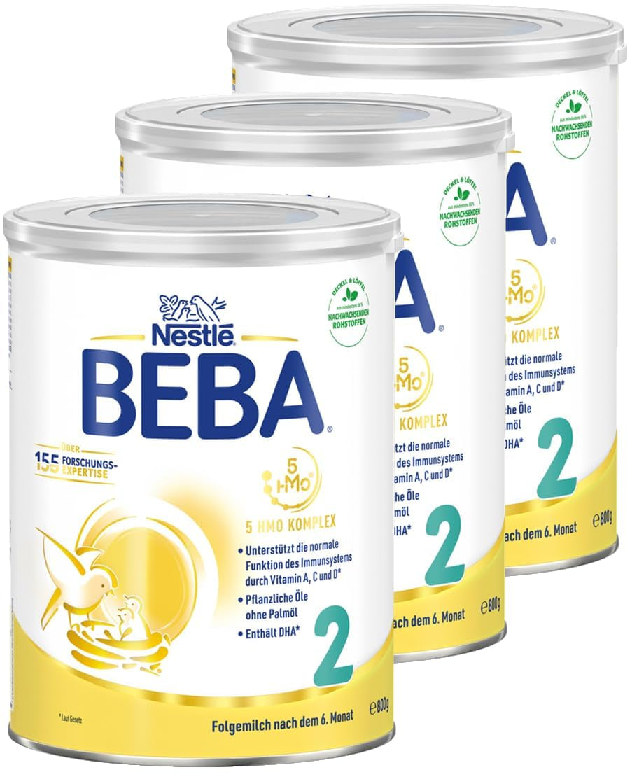 BEBA 2 - Mleko następne po 6 miesiącu, z kompleksem 5 HMO, zawartością białka odpowiednią do wieku, bez laktozy, bez oleju palmowego, bez oleju rybnego, żywność dla niemowląt, mleko w proszku dla dzieci, opak. 3 szt. (3 x 800g)