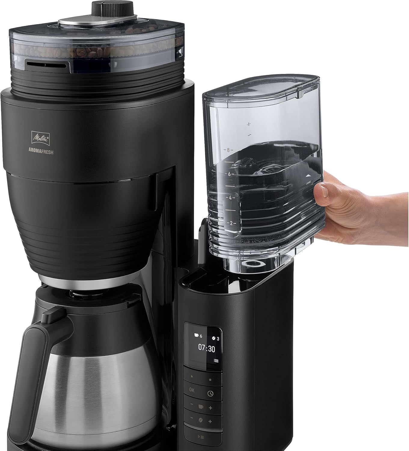 Melitta AromaFresh Therm Pro X - Ekspres do espresso z filtrem, zintegrowanym młynkiem, wyjmowanym zbiornikiem na wodę, dzbankiem termicznym ze stali nierdzewnej i funkcją timera, na maksymalnie 8 filiżanek kawy, czarno-srebrny