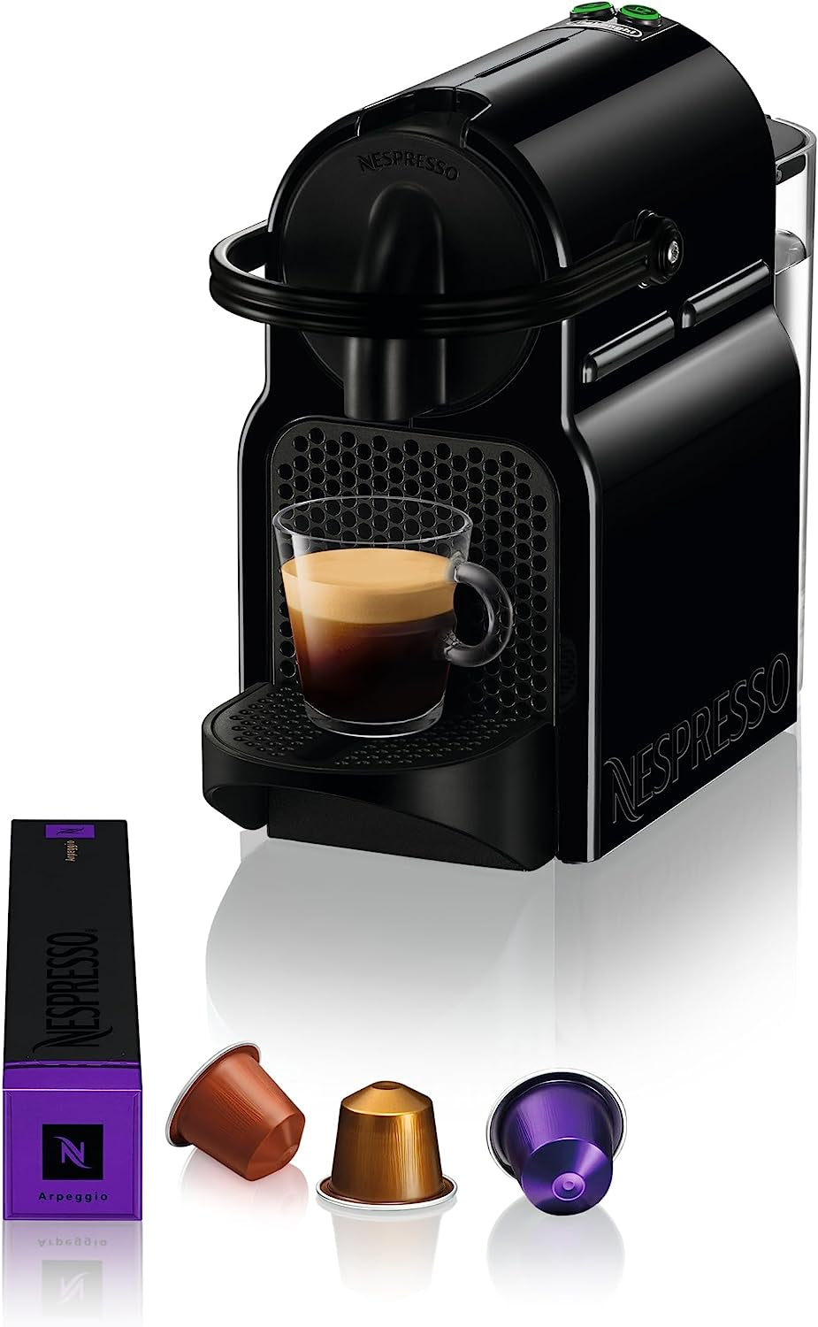 Ekspres na kapsułki Nespresso De'Longhi EN 80.B Inissia, pompa wysokociśnieniowa i funkcja oszczędzania energii, automatyczne wyłączanie po 9 minutach, pojemność filiżanki na espresso i płuco, zbiornik na wodę 0,7 l, kolor czarny