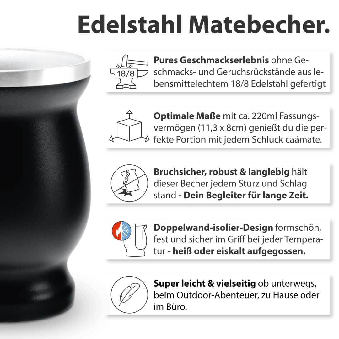 Zestaw do herbaty Mate Bio ● 3 rodzaje Mate + Kubek Mate ze stali nierdzewnej o podwójnych ściankach + Bombilla + Instrukcja parzenia (czarna)