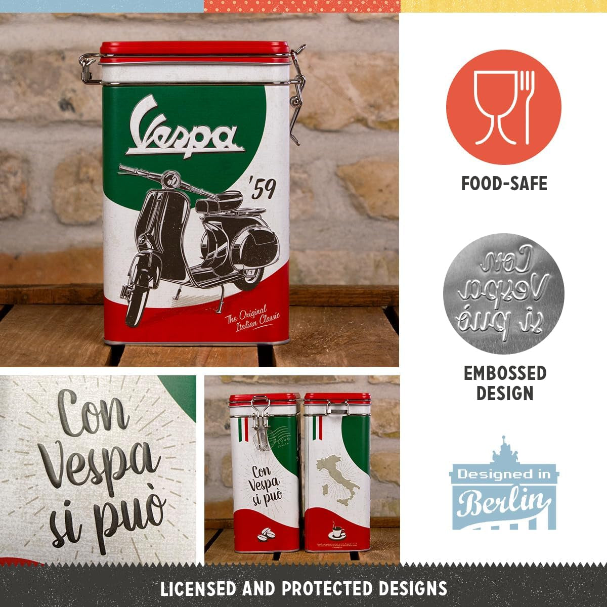 Nostalgic-Art Retro Pudełko na kawę, 1,3 L, Vespa - Italian Classic - Pomysł na prezent dla fanów skuterów, Oryginalny produkt licencjonowany (OLP), Dekoracja warsztatu Vintage Design, Dekoracja warsztatu Vintage Design Pudełka do przechowywania żywności Sklep Naty
