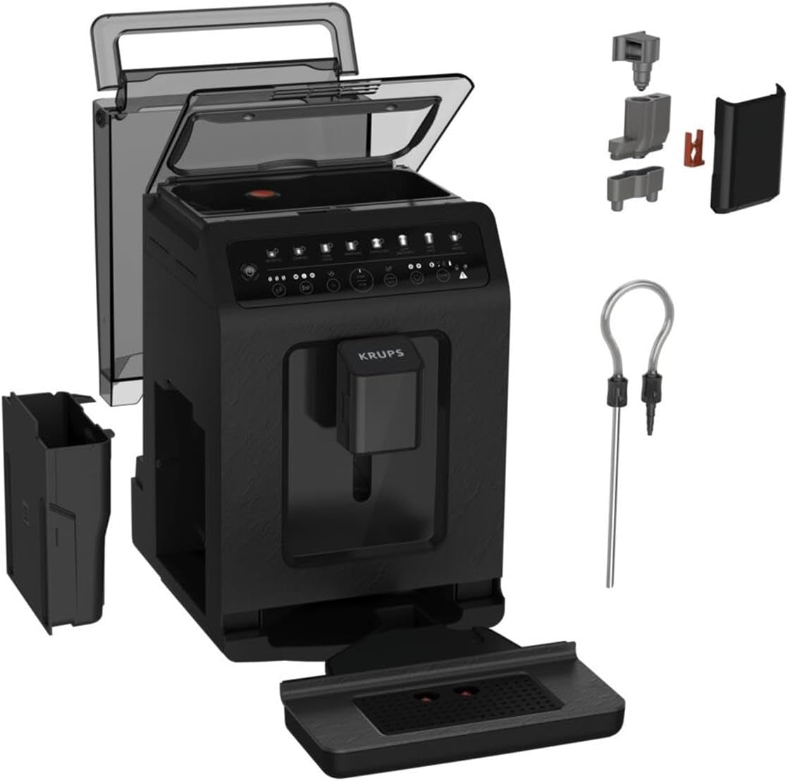 Krups EA897B Evidence Automatyczny ekspres do kawy ECOdesign, automatyczna funkcja espresso i cappuccino, technologia Quattro Force, kubki do mleka uruchamiane jednym dotknięciem, 8 ustawień wstępnych, system mleka, 1450W