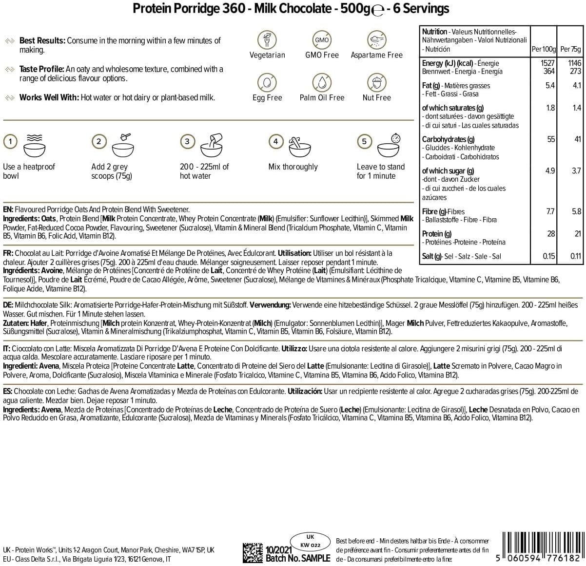 Protein Works - Owsianka białkowa 360 | Mit Dodatkowe witaminy i minerały | Proteinreiches Frühstück | Kalorienarme Haferflocken | 6 porcji | Czekolada mleczna 500G Płatki Naty Shop