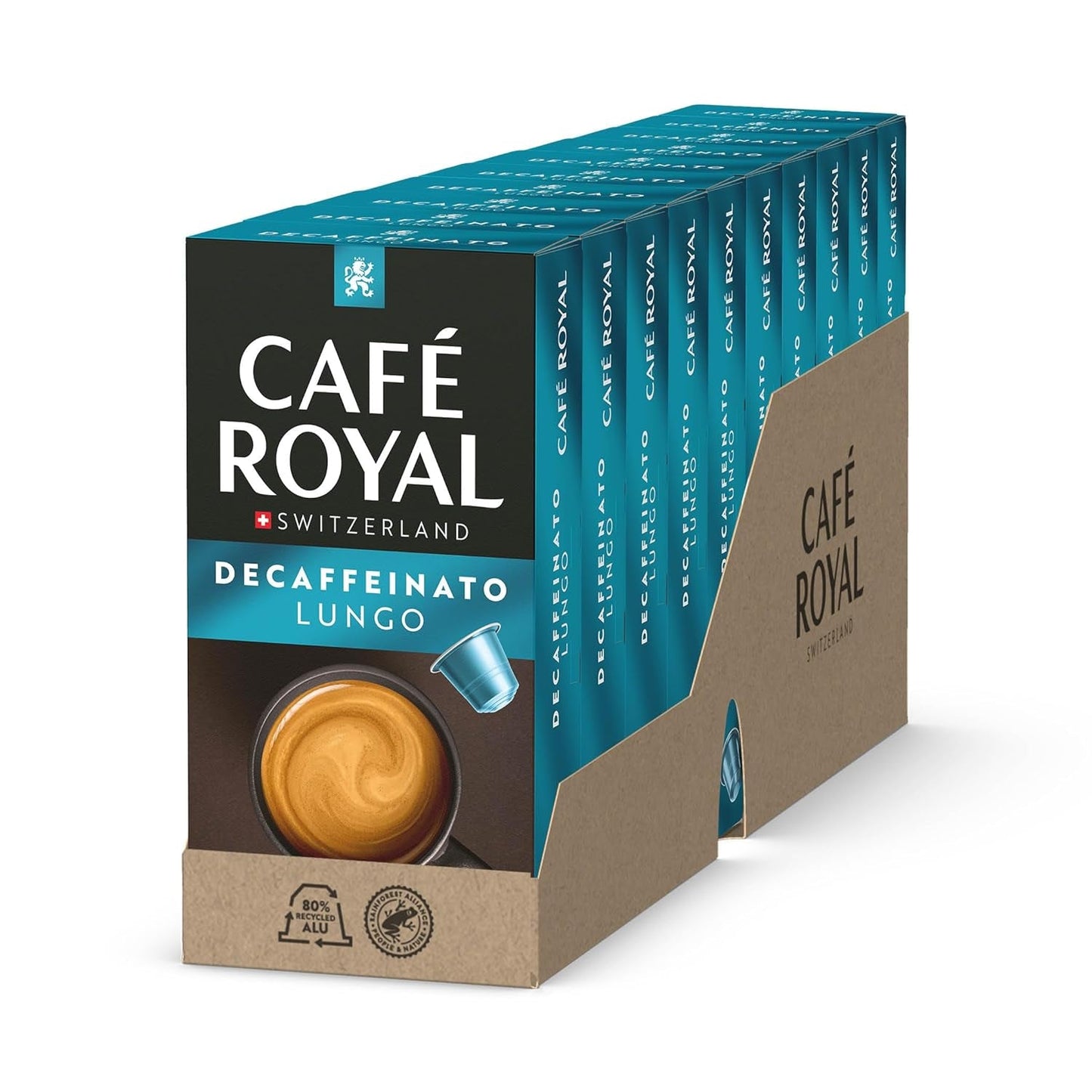 Café Royal Lungo Decaffeinato – kapsułki z kawą kompatybilną z Nespresso®, 100% Arabica, Intensität 5/12, Rainforest Alliance, bezkofeinowa, 100 kapsułek
