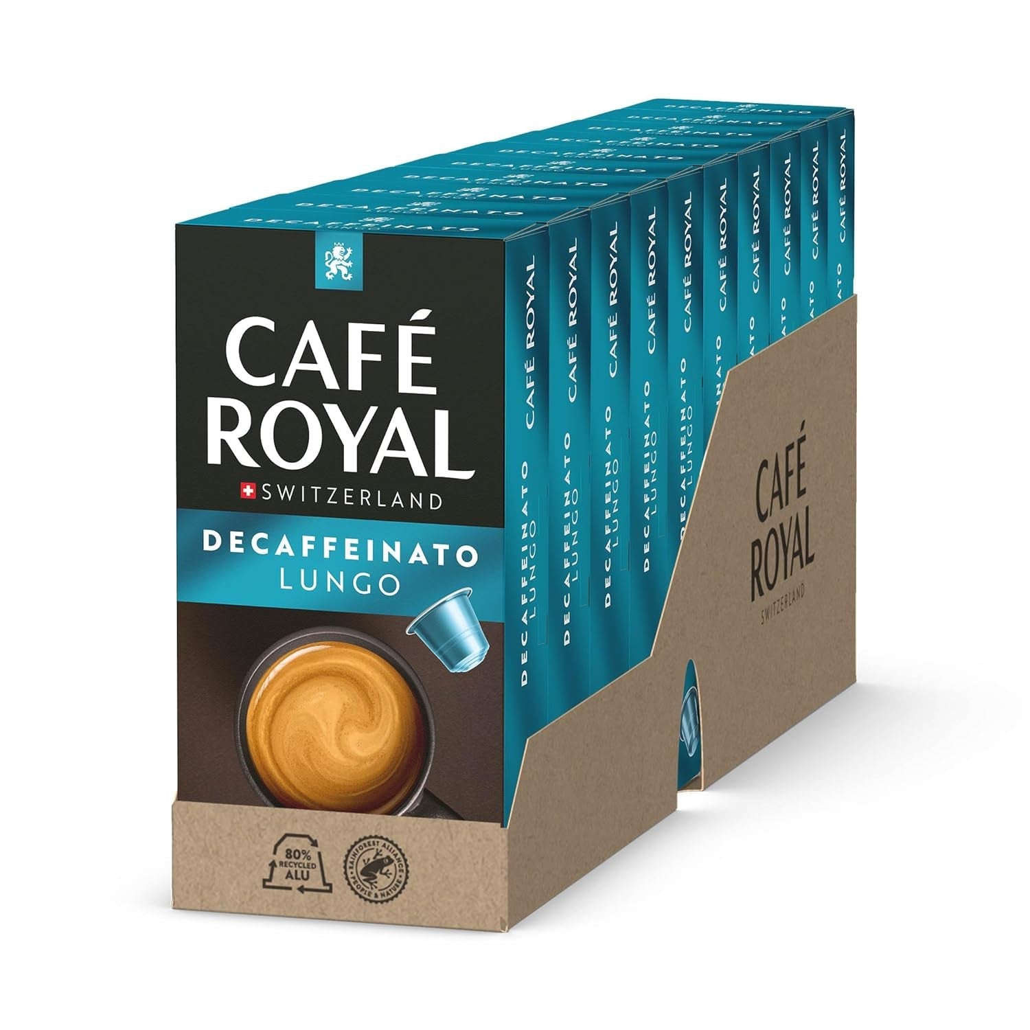 Café Royal Lungo Decaffeinato – kapsułki z kawą kompatybilną z Nespresso®, 100% Arabica, Intensität 5/12, Rainforest Alliance, bezkofeinowa, 100 kapsułek