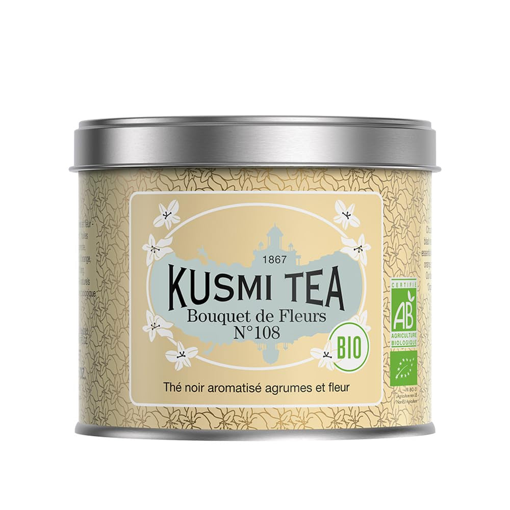Kusmi Tea - Earl Grey Intense - Organiczna czarna herbata Earl Grey z mocną bergamotką i pikantną cytryną - Herbata sypana - 100g Metalowe pudełko - Ilość na około 50 filiżanek