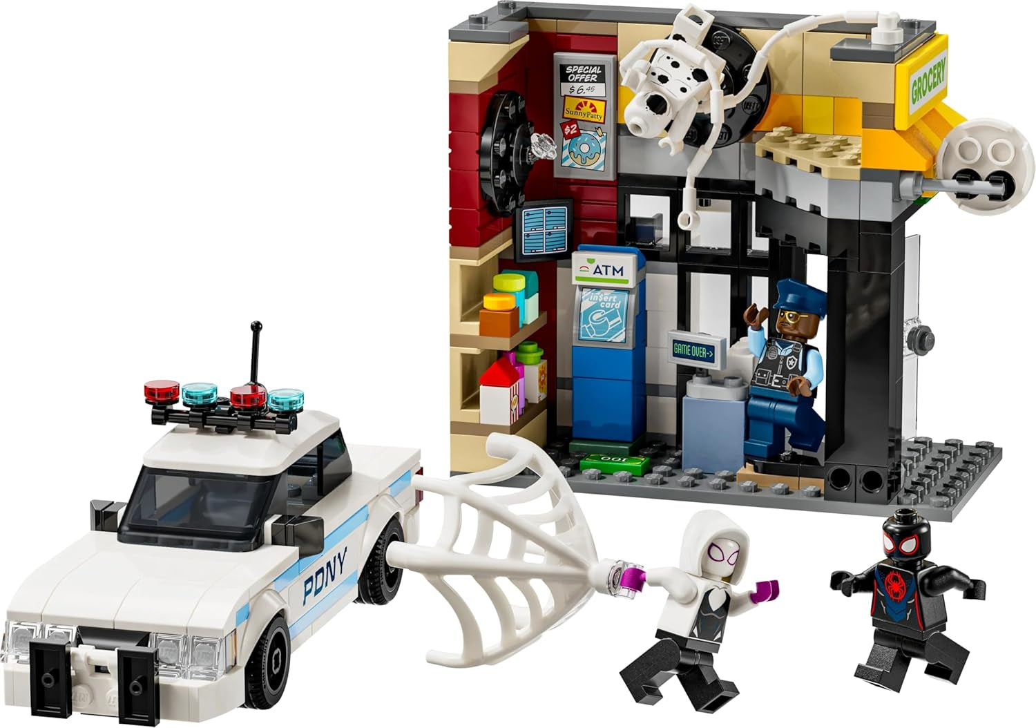 LEGO Marvel Spider-Verse: Miles Morales kontra. Spot — zestaw superbohaterów z samochodzikiem — 4 minifigurki i minimarket — prezent dla chłopców i dziewcząt w wieku od 9 lat 76311 Zestawy do budowania Besuche den LEGO-Store