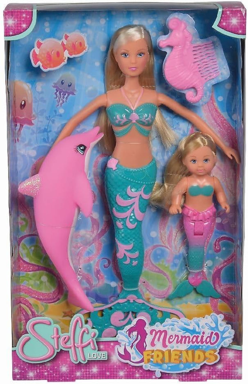 Simba 105733336 - Steffi Love Mermaid Friends, magiczna lalka syrenka z siostrą Evi, figurka delfina i nie tylko, zabawka dla dzieci w wieku 3 lat i starszych