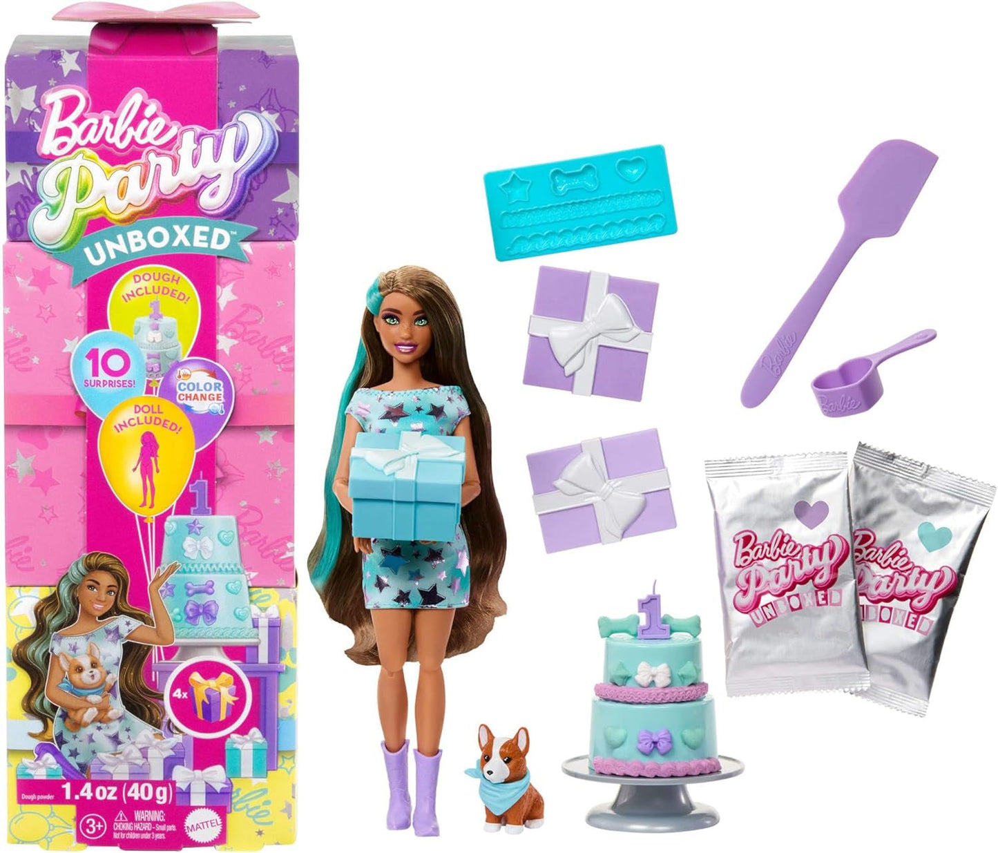Barbie Party Doll Unboxed i akcesoria Birthday Pet Series 10 Zestaw gwiazdek na imprezę niespodziankę, w tym efekt zmiany koloru i dekoracje na ciasto JFG72