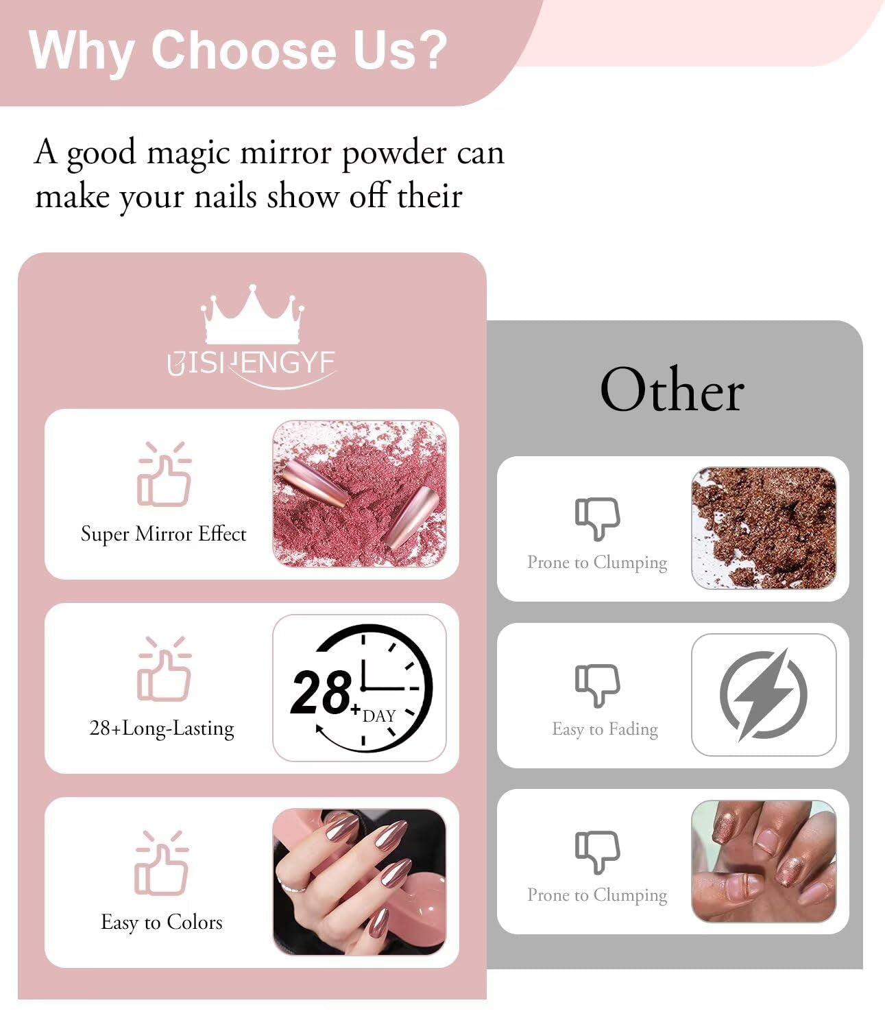 BISHENGYF Proszek do paznokci w kolorze różowego złotaNeue Upgrade Grosse Kapazitä Chrom PulverSuper-Spiegeleffekt Metall Mirror Chrome Powder – Neonowy szklisty efekt perłowy Brokat Nagelkunst Pulver Für DIY Salon