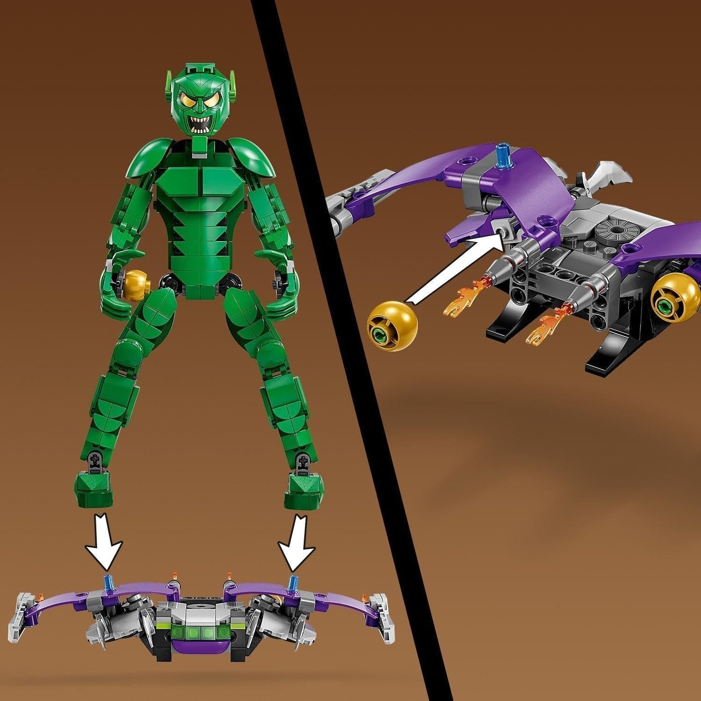 Figurka LEGO Marvel Green Goblin, ruchoma zabawka do budowania superzłoczyńcy dla dzieci w wieku 8+, chłopców i dziewcząt, zestaw Wszechświat Spider-Mana z suwakami i bombami dyniowymi, pomysł na prezent dla superbohatera 76284 Zestawy do budowania Besuche w sklepie LEGO