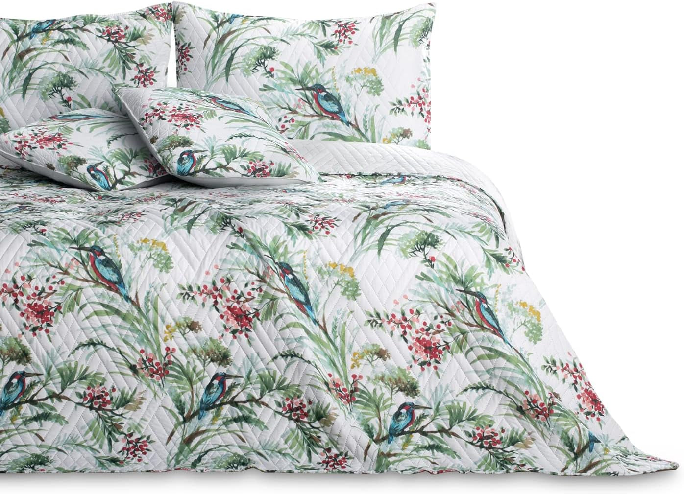 Ameliahome Narzuta Narzuta 260X280 cm Dwie strony Łatwość pielęgnacji Pikowanie Wzór roślinny Wzór ptaka Wielokolorowy Kingfisher Łóżka i koce Besuche den AmeliaHome-Store Kingfisher 260 X 280