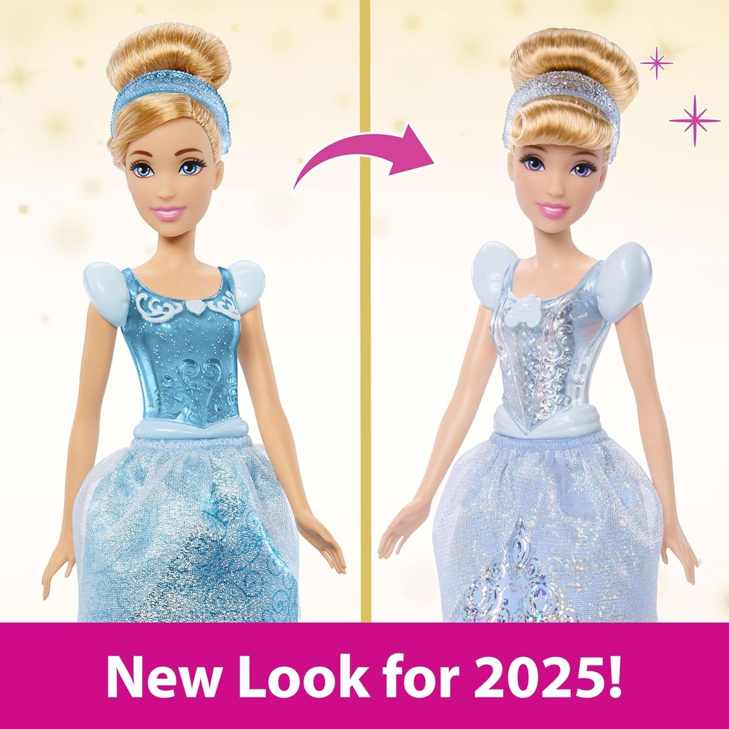 Mattel DISNEY Księżniczka Kopciuszek – przegubowa lalka z błyszczącym strojem, odpinanymi butami i tiarą, czesane włosy do zabawy podczas stylizacji, dla dzieci w wieku od 3 lat, HLW06