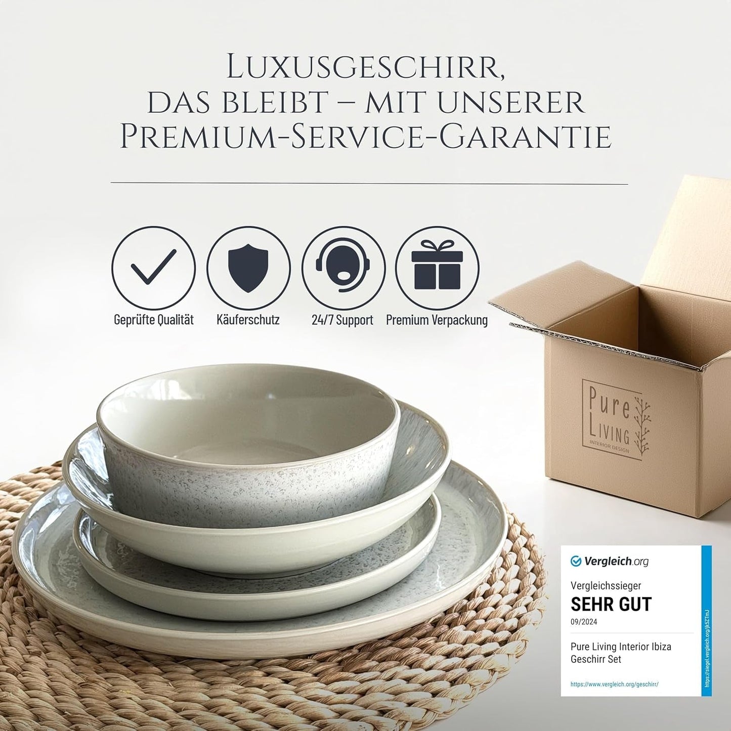 48-częściowy zestaw obiadowy z kamionki ceramicznej dla 12 osób, projekt Ibiza, ZWYCIĘZCA TESTU. Wspaniały śródziemnomorski zestaw zastawy stołowej z kamionki ceramicznej, zawierający miski i talerze. Zestaw zastawy stołowej Pure Living w kolorze beżowym.