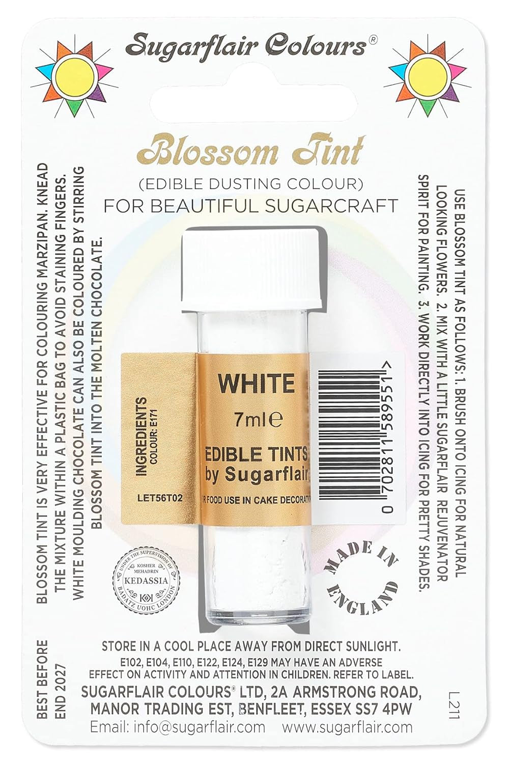 Barwnik spożywczy w proszku Sugarflair Blossom Tint Dusting, biały - Barwnik spożywczy w proszku do dekorowania kolorowej pasty cukrowej, fondantu, lukru, czekolady, kremu maślanego, makaroników - 7 ml