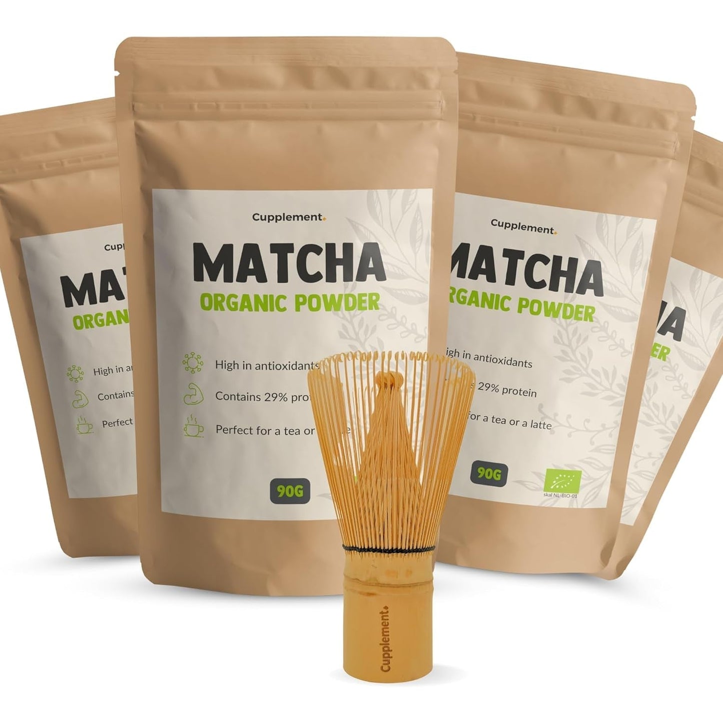 Cupplement Matcha 90 gramów organicznych - Najwyższej jakości sproszkowana zielona herbata - Bez bambusowej trzepaczki i drutu - Kulinarny - Zestaw dla początkujących - Latte - Trzepaczka - Japonia - Proszek - Herbata - Drut - Torba - Smoothie