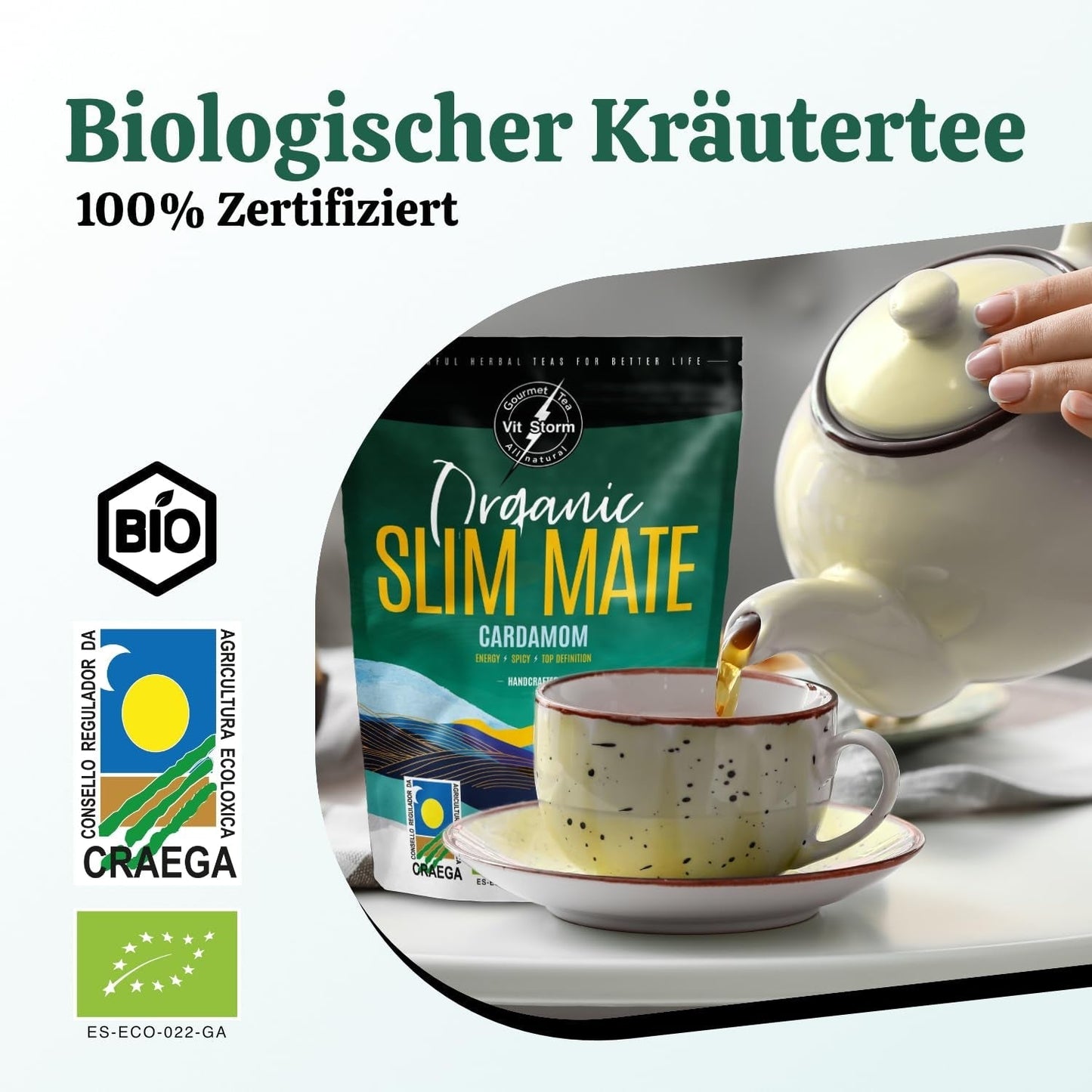 VITSTORM® Slim Tea Kardamon – BIO Herbata Yerba Mate – Herbata oczyszczająca i moczopędna – 100G