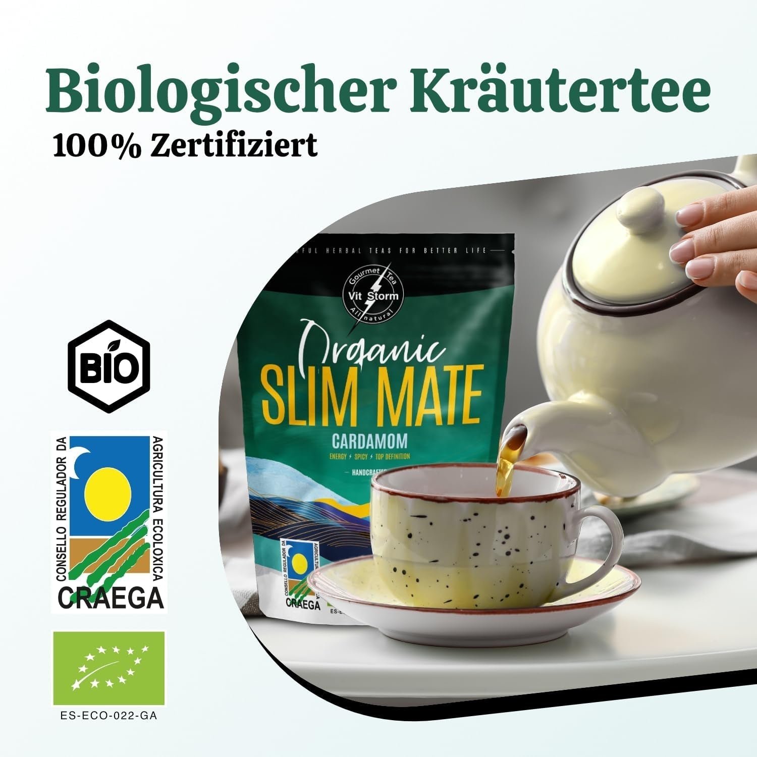 VITSTORM® Slim Tea Kardamon – BIO Herbata Yerba Mate – Herbata oczyszczająca i moczopędna – 100G