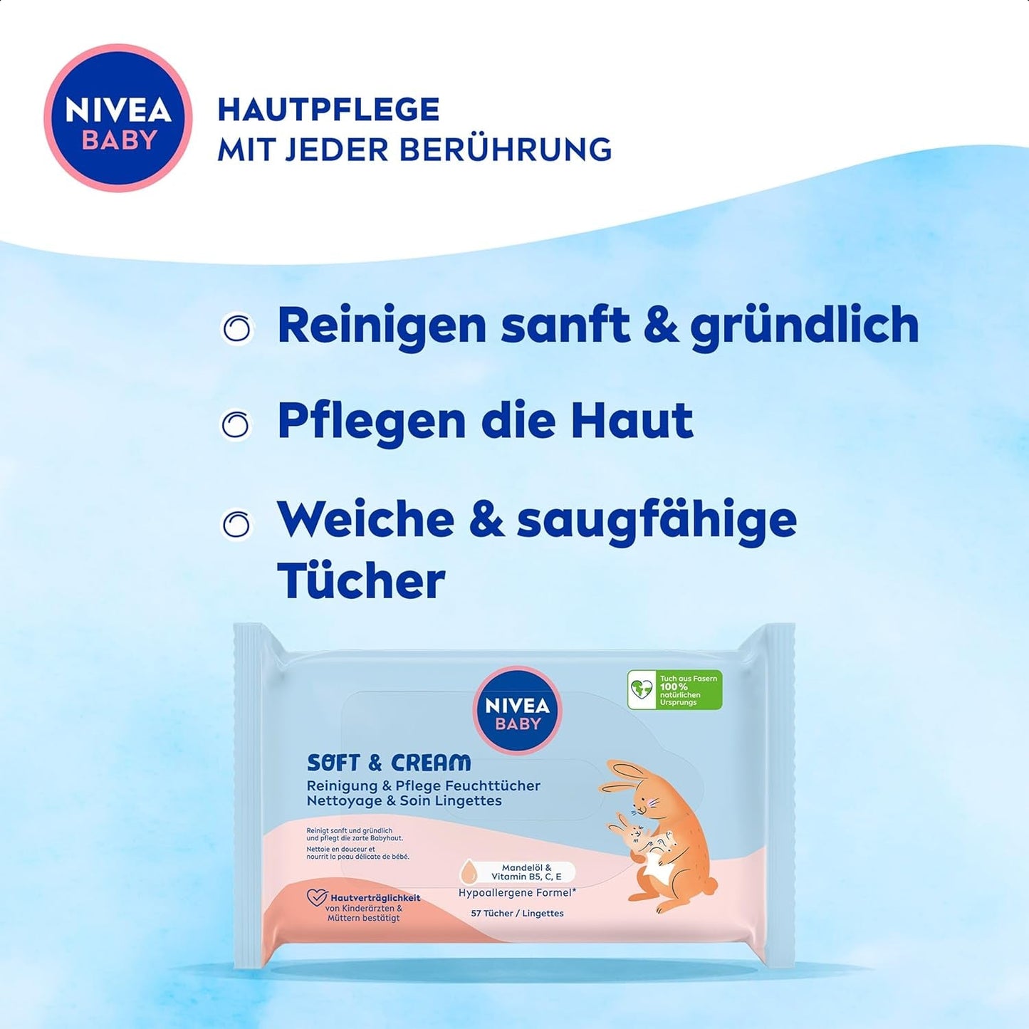 NIVEA BABY Soft & Cream chusteczki nawilżane dla niemowląt (4 x 57 sztuk)