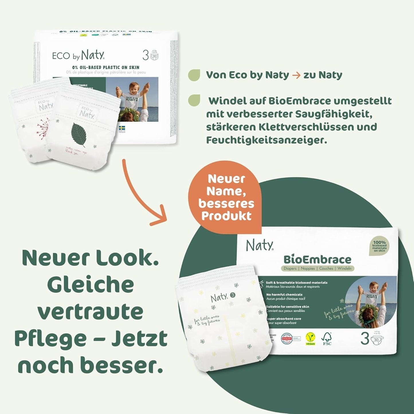 Pieluchy dla niemowląt Naty BioEmbrace, rozmiar 3 (4–9 kg) | 100% materiałów roślinnych, delikatnych dla skóry | Oddychająca miękkość, testowana dermatologicznie, doskonała wchłanialność | 100 szt.