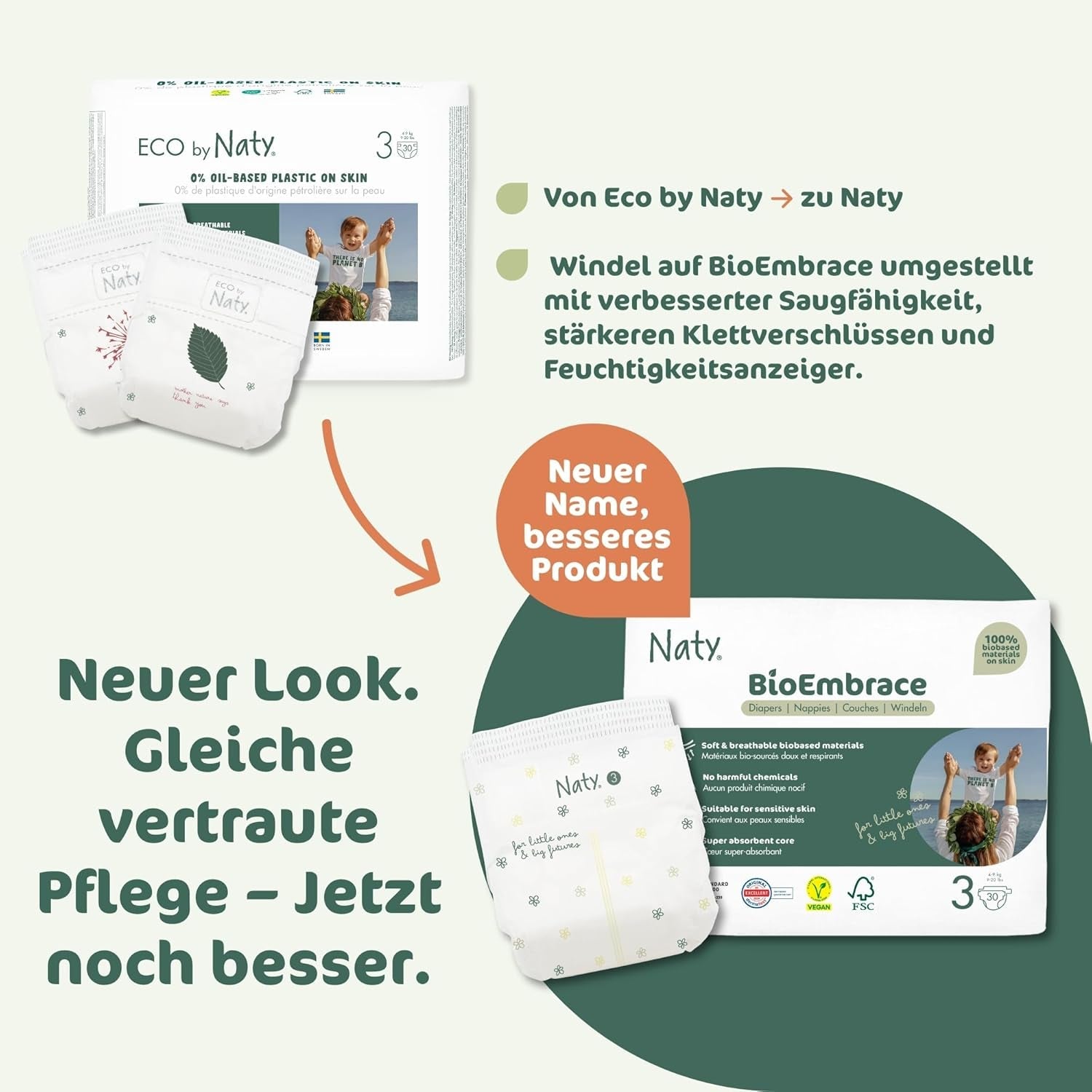 Pieluchy dla niemowląt Naty BioEmbrace, rozmiar 3 (4–9 kg) | 100% materiałów roślinnych, delikatnych dla skóry | Oddychająca miękkość, testowana dermatologicznie, doskonała wchłanialność | 100 szt.