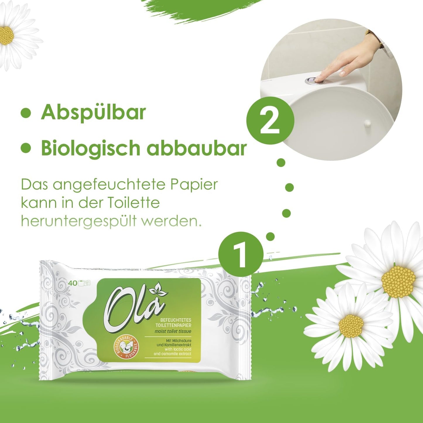 Papier toaletowy mokry OLA - (1X40 szt.) Chusteczki nawilżane - ekstrakt z rumianku i kwas mlekowy, zmywalne, skóra wrażliwa - 40 szt.