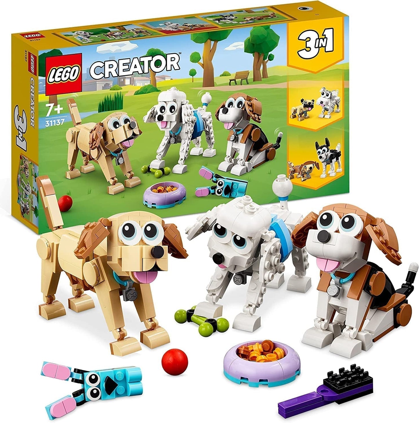 LEGO Creator 31137 Zestaw 3 w 1 ze słodkim psem z figurkami zwierząt Jamnik, mops, pudel i inne zabawki dla dzieci w wieku 7+, prezent dla miłośników psów Zestawy do budowania Besuche den LEGO-Store Default Title