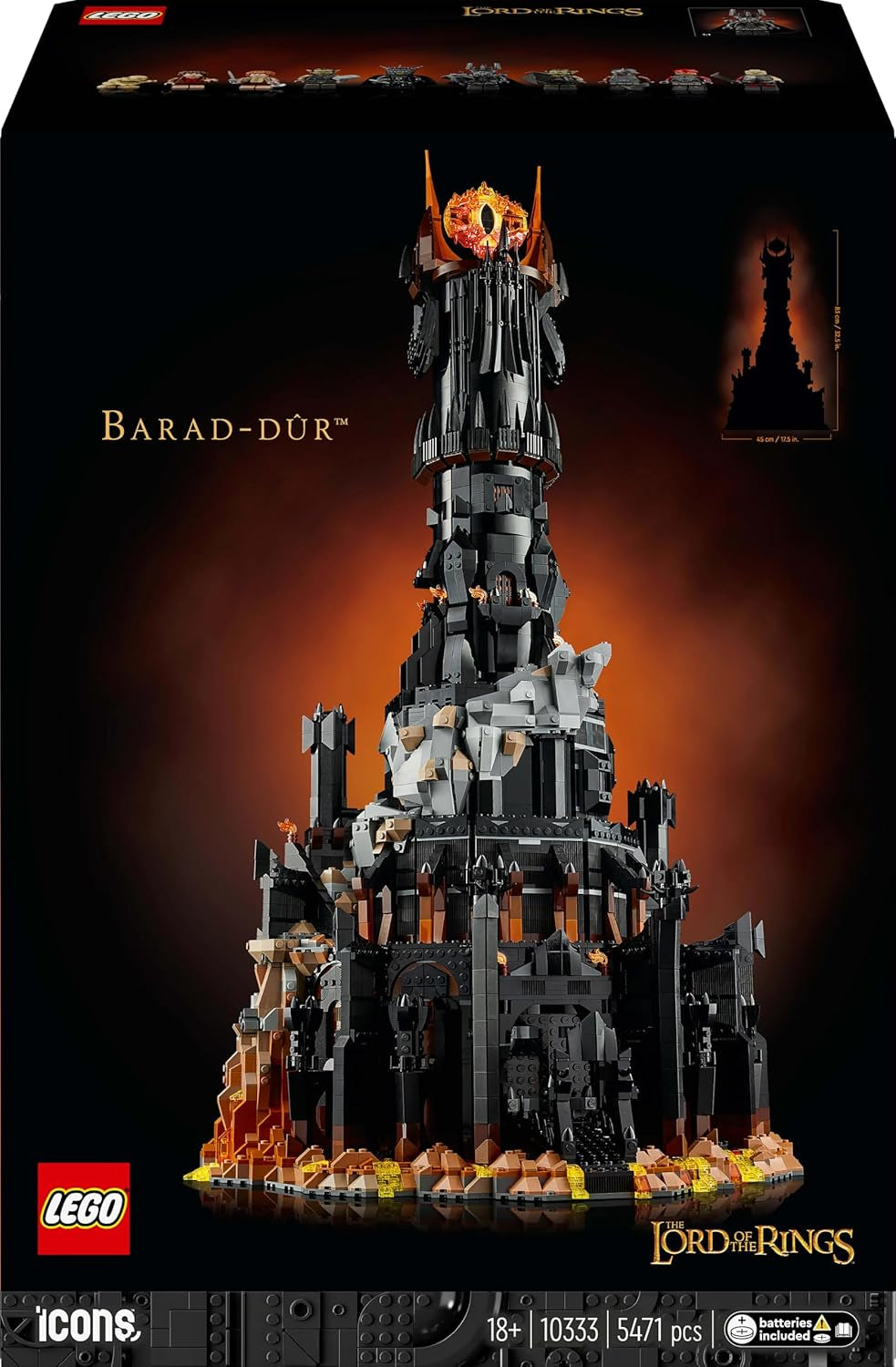 Ikony LEGO Władca Pierścieni: Zestaw do budowania dla dorosłych Barad-Door z minifigurkami Saurona, Gothmoga, Orka, Froda, Sama i Golluma Pamiątki filmowe Kolekcja dla fanów 10333 Zestawy do budowania Szukaj w sklepie LEGO