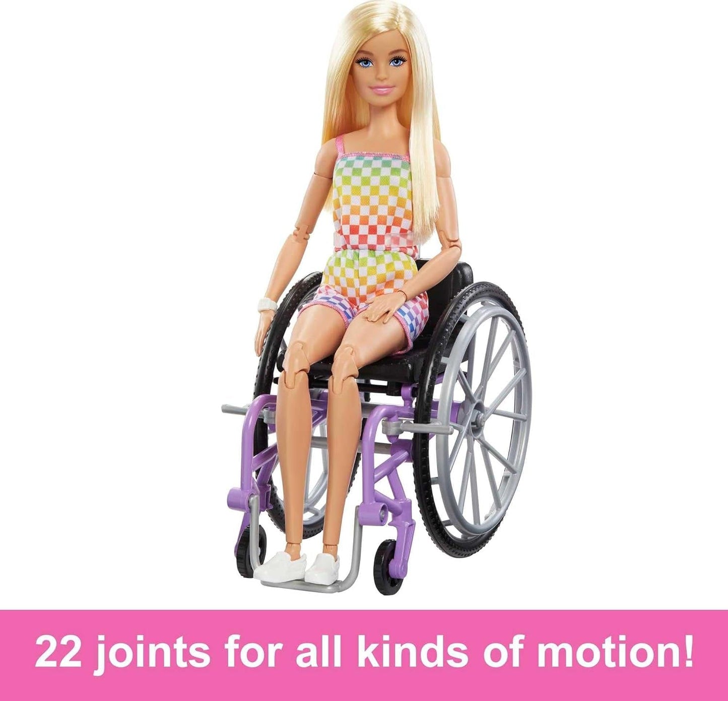 Lalka Barbie Fashionistka, blond włosy i tęczowy kombinezon, wózek inwalidzki i rampa w zestawie, lalka prezent dla dzieci, zabawka dla dzieci w wieku od 3 lat, HJT13