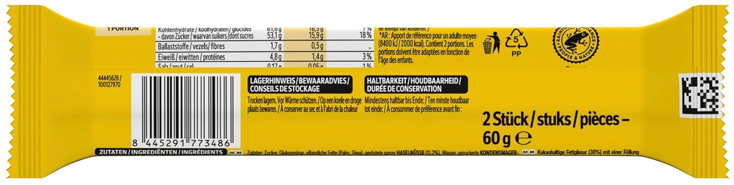 NESTLÉ Chocolate Bars 2 Pack, klasyczne batoniki z całymi orzechami laskowymi i karmelem w mlecznej czekoladzie, opakowanie 24 szt. (24 x 2 x 30 g)