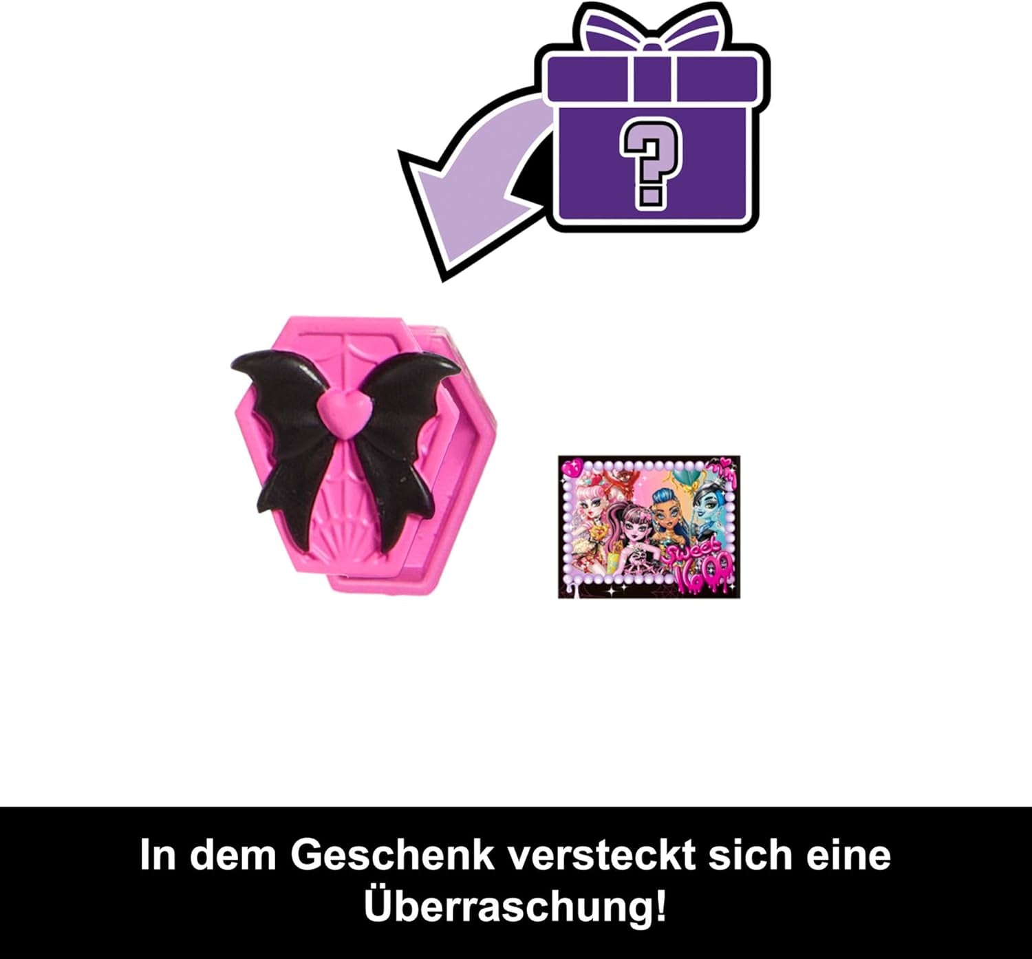 Straszna i słodka lalka urodzinowa Monster High Draculaura w różowej sukience imprezowej z dodatkami tematycznymi, takimi jak zaproszenie, balon, prezent, fani i nie tylko, JBG74